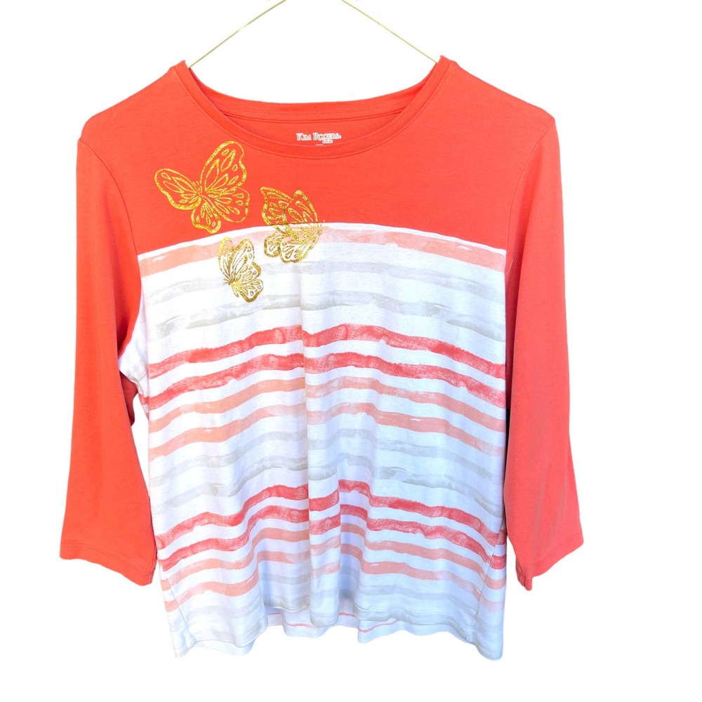 Kim‎ Rogers Top Womens Petite Extra Large XL Orange White Striped Butterfly